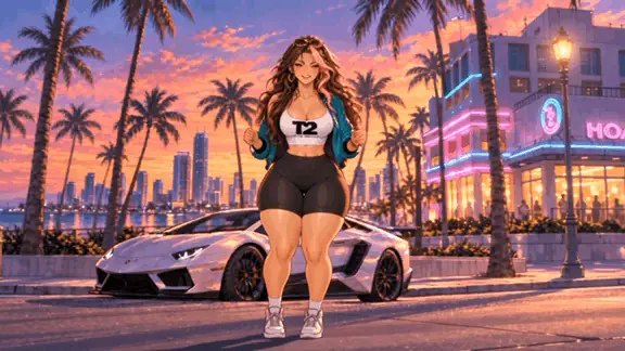 She poses in front of a white sports car under a neon sunset skyline